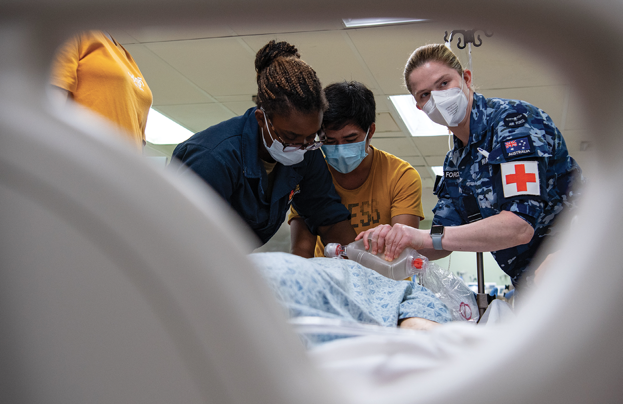 Royal Australian Air Force Flight Lieutenant Samantha Warren and U.S. Navy Lieutenant Junior Grade Kennedy Garcia provide intensive careunit skills training to local nurses aboard Military Sealift Command hospital ship USNS Mercy during Pacific Partnership 2022, Puerto Princesa,Philippines, August 6, 2022 (U.S. Navy/Drace Wilson)